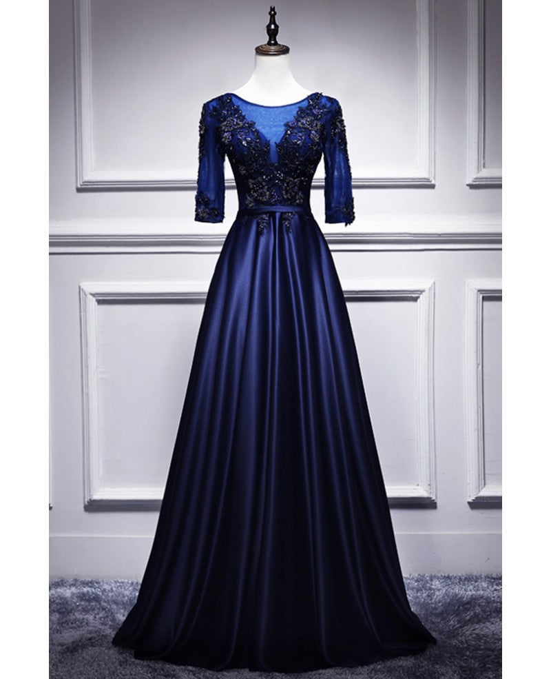 Blue V-Neck Satin Short Sleeve Zipper Back Beaded Floor-Length Evening Dress - Chloe Dress