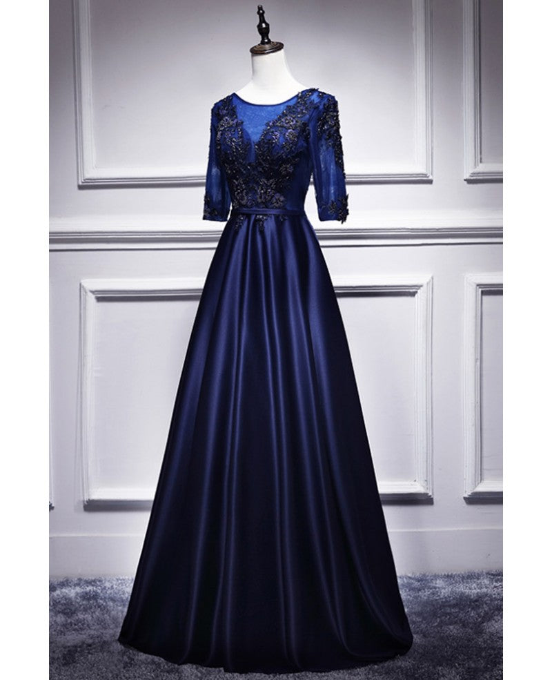 Blue V-Neck Satin Short Sleeve Zipper Back Beaded Floor-Length Evening Dress - Chloe Dress