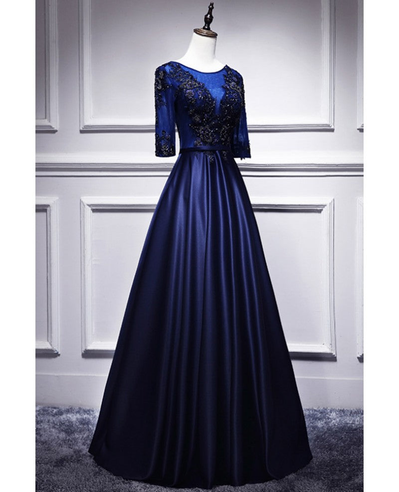 Blue V-Neck Satin Short Sleeve Zipper Back Beaded Floor-Length Evening Dress - Chloe Dress