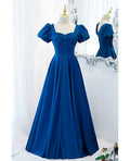 Blue Square Neck Satin Short Sleeve Backless Floor-Length Evening Dress - Chloe Dress