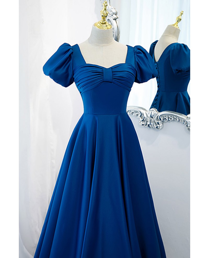 Blue Square Neck Satin Short Sleeve Backless Floor-Length Evening Dress - Chloe Dress
