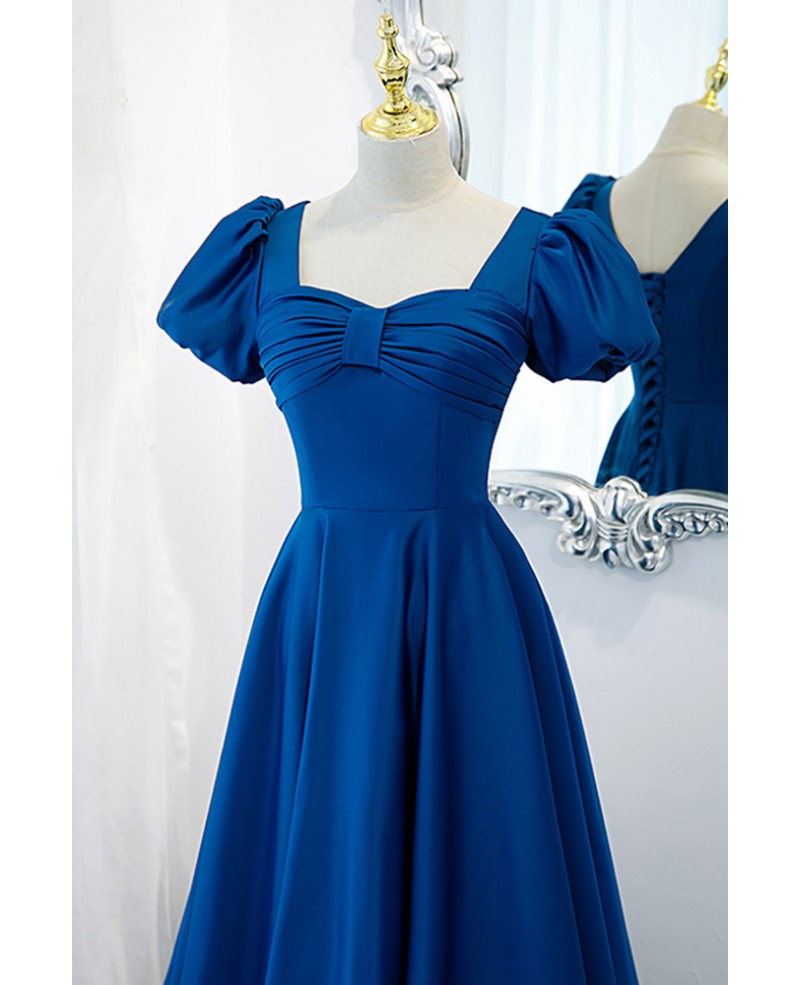 Blue Square Neck Satin Short Sleeve Backless Floor-Length Evening Dress - Chloe Dress