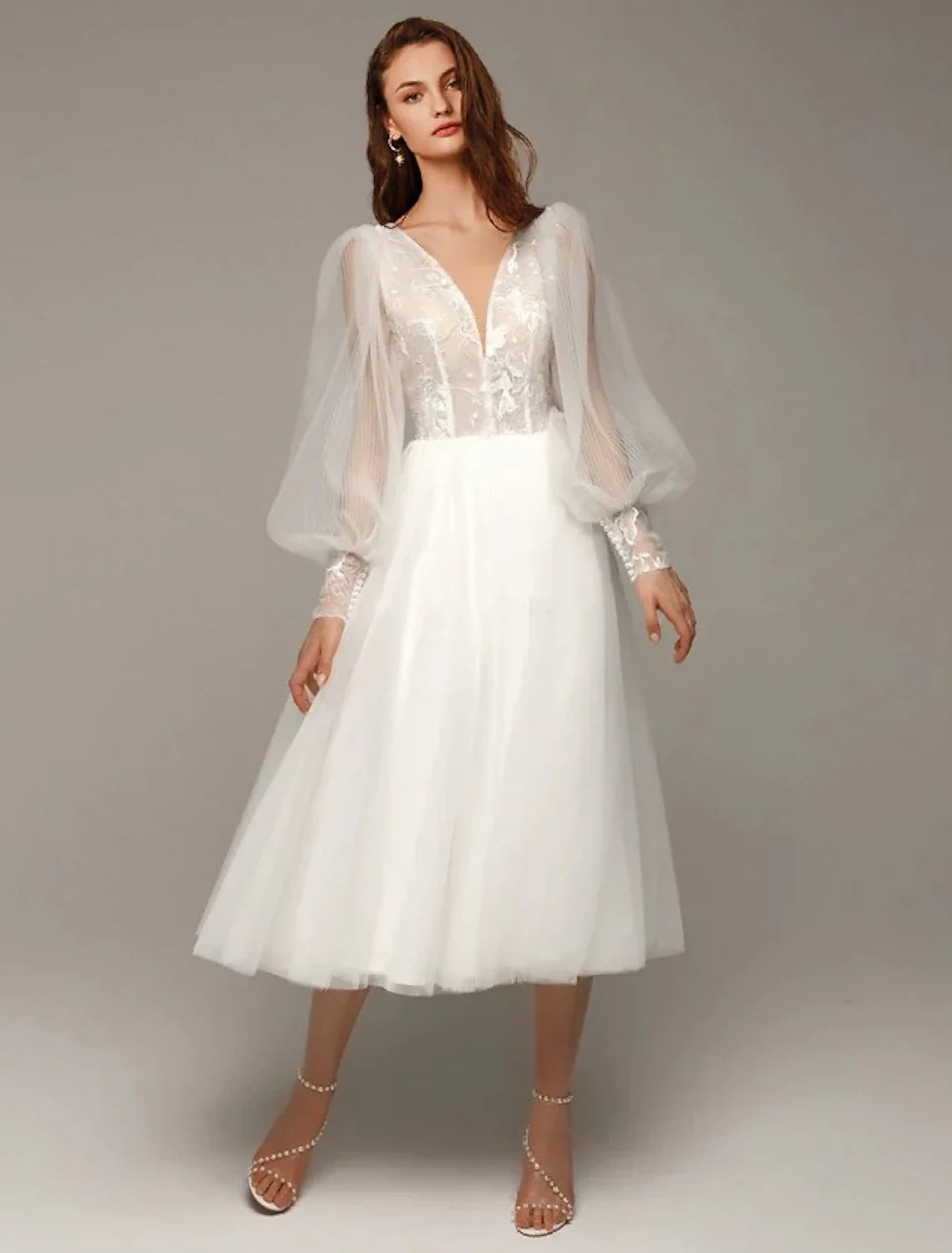 White A-Line V-Neck Satin Long Sleeve Applique Tea-Length Wedding Gown - Chloe Dress