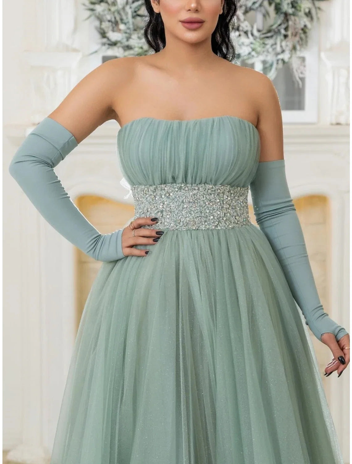 Green A-Line Strapless Tulle Long Sleeve Pleated Prom Dress - Chloe Dress