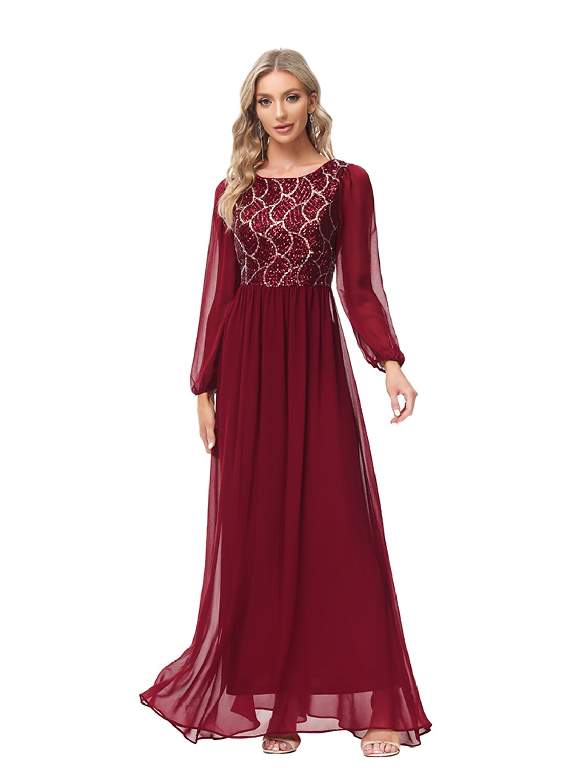 A-Line Chiffon Long Sleeve Floor-Length Evening Gown - Chloe Dress
