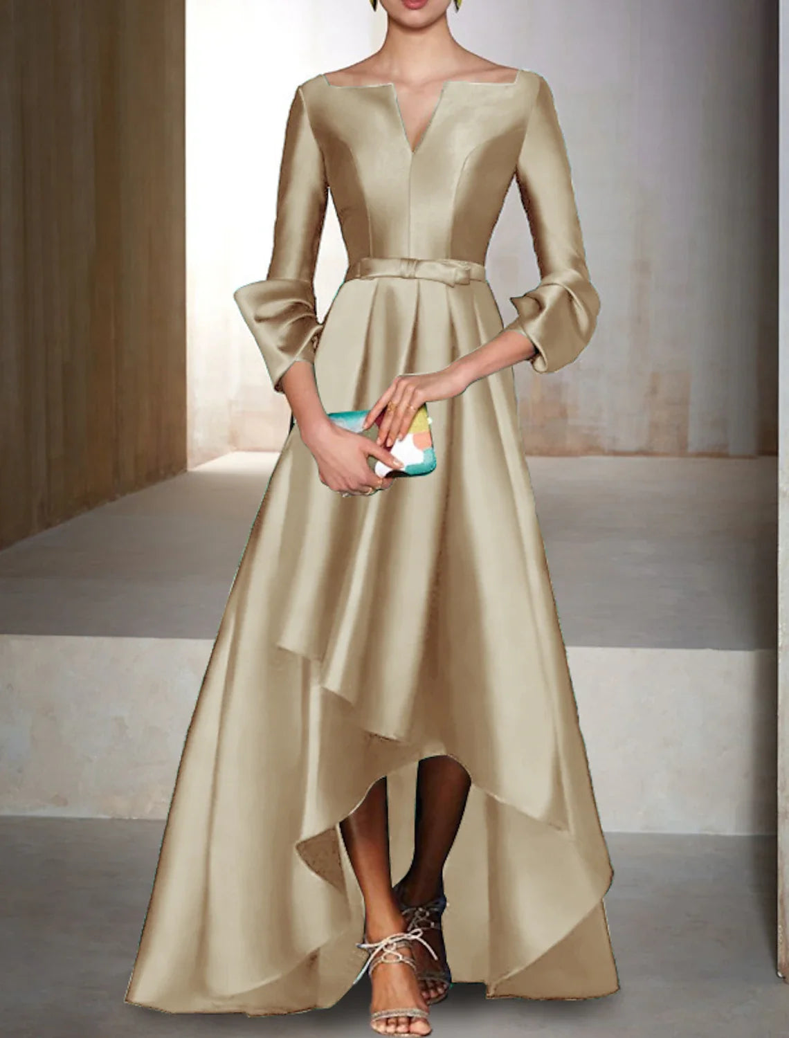 Green A-Line V-Neck Satin Three-Quarter Sleeve Floor-Length Evening Gown - Chloe Dress