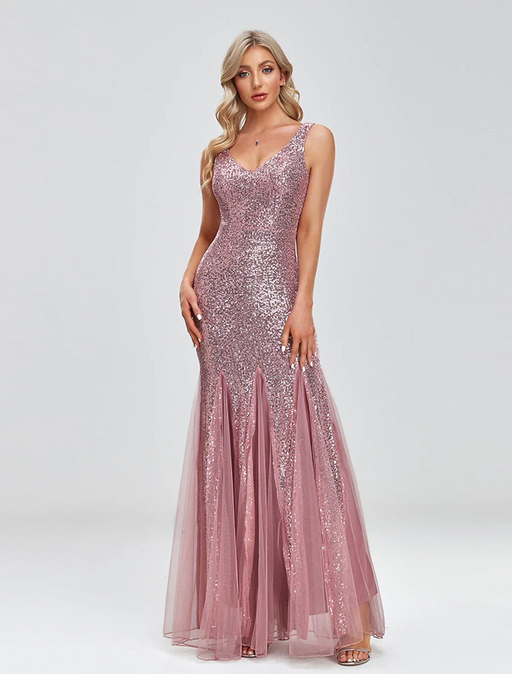 Mermaid V-Neck Tulle Sleeveless Floor-Length Evening Gown - Chloe Dress