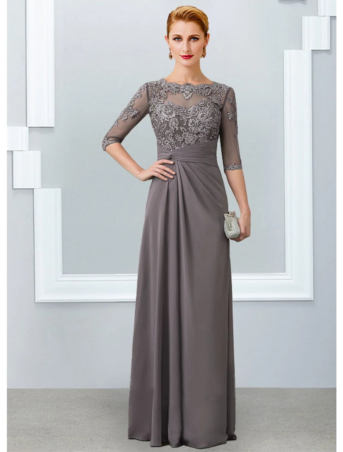 Sheath Chiffon Three-Quarter Sleeve Applique Floor-Length Dress - Chloe Dress