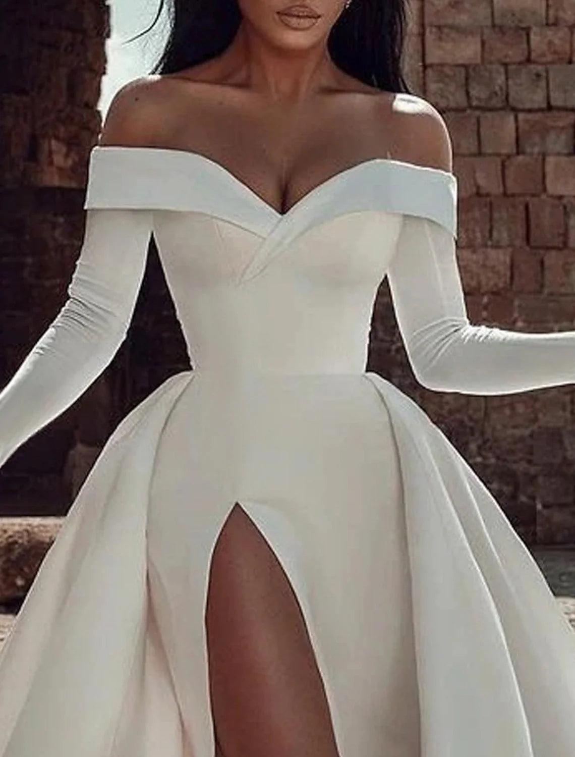 A-Line Off-Shoulder Satin Long Sleeve Train Wedding Gown - Chloe Dress