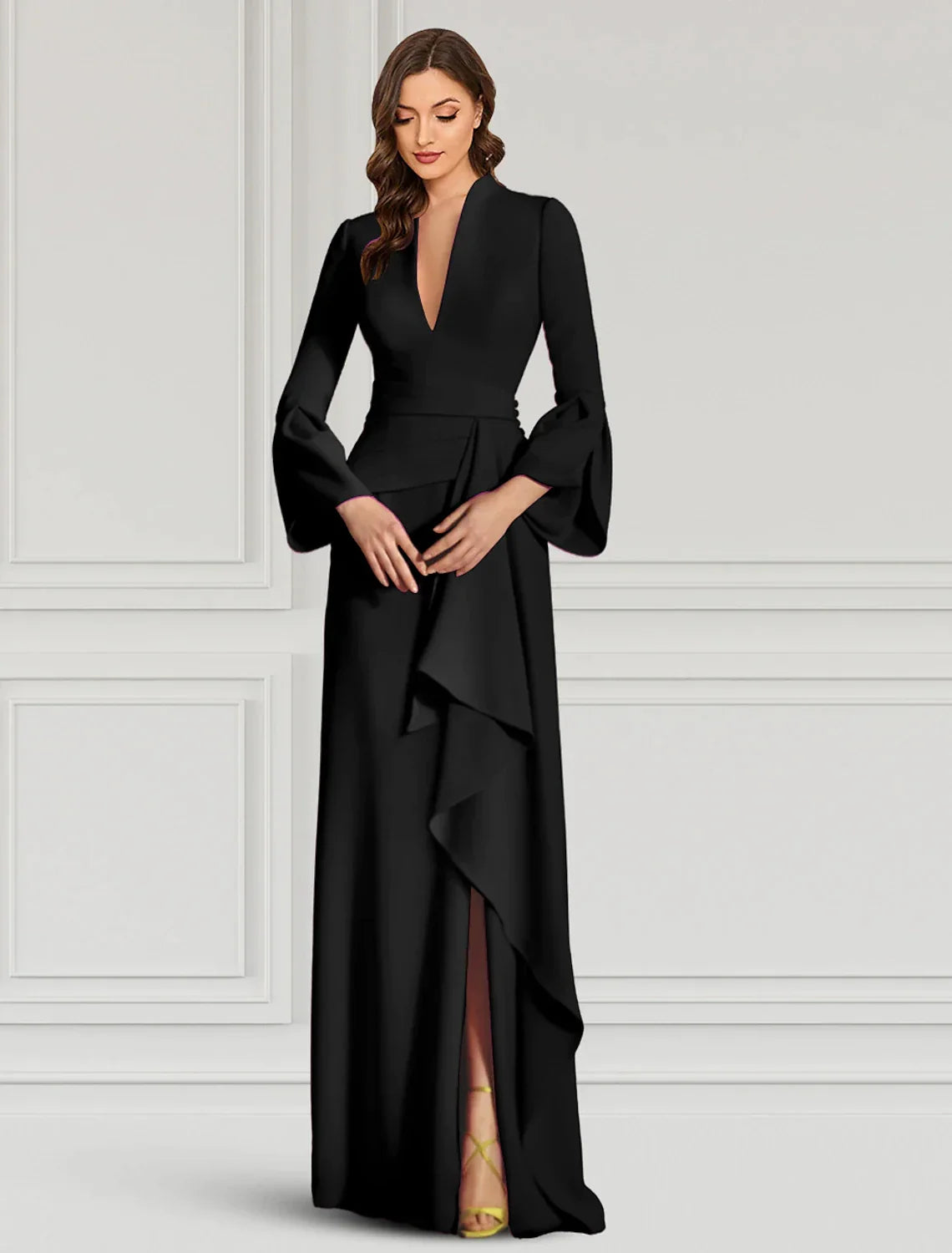 Black V-Neck Long Sleeve Ruffled Floor-Length Evening Gown - Chloe Dress