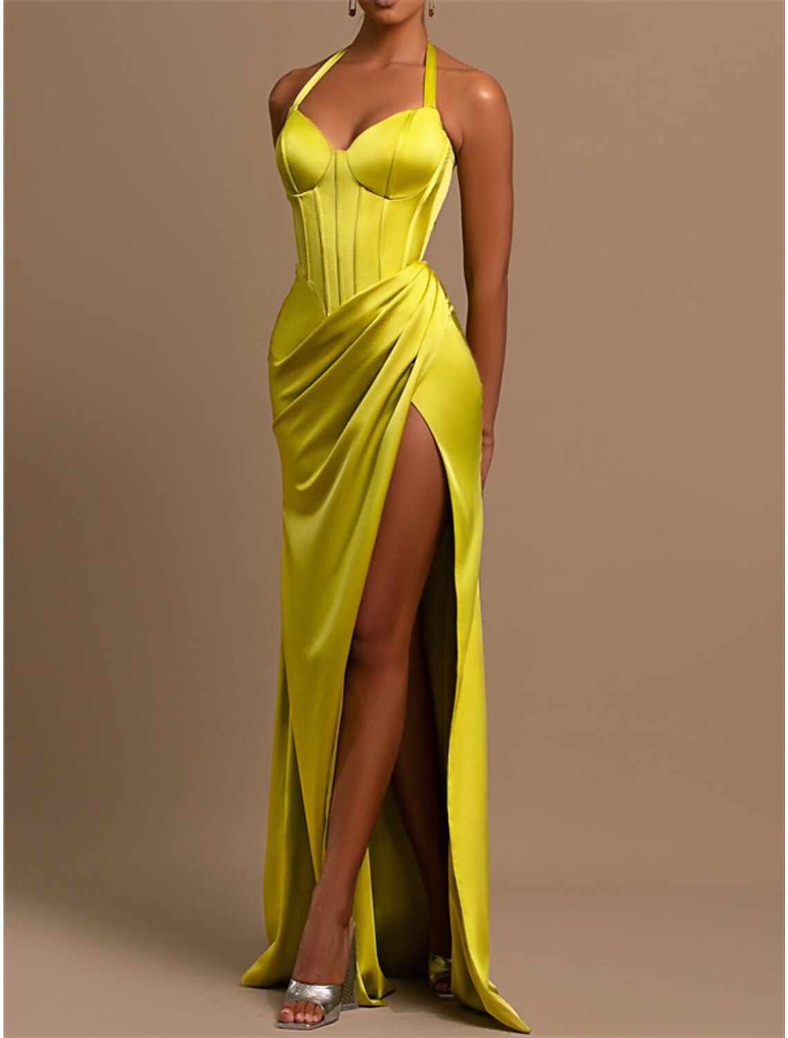 Mermaid Halter Satin Sleeveless Lace-Up Back High Slit Floor-Length Evening Gown - Chloe Dress