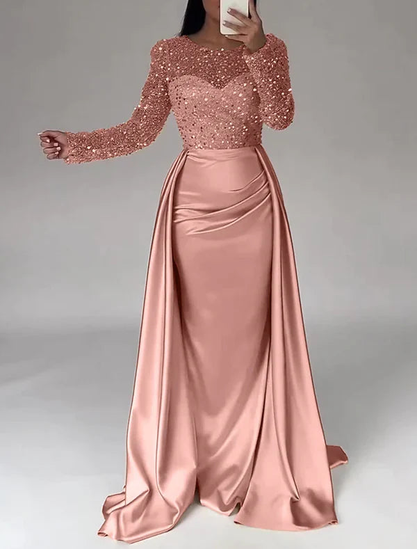 Mermaid Illusion Satin Long Sleeve Floor-Length Evening Gown - Chloe Dress