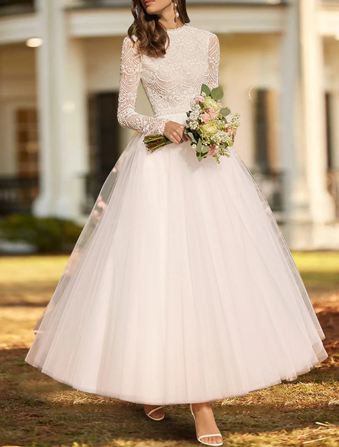 A-Line Sweetheart Lace Pleated Ankle-Length Wedding Gown - Chloe Dress