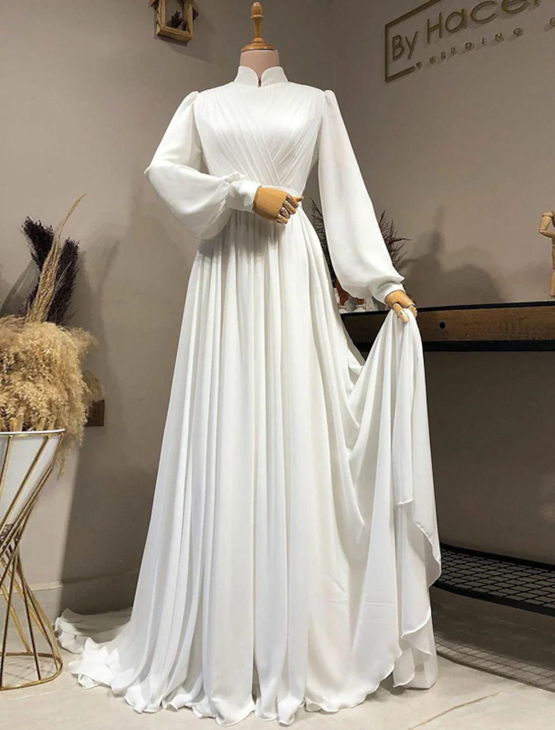 A-Line High Neck Chiffon Long Sleeve Pleated Wedding Gown - Chloe Dress