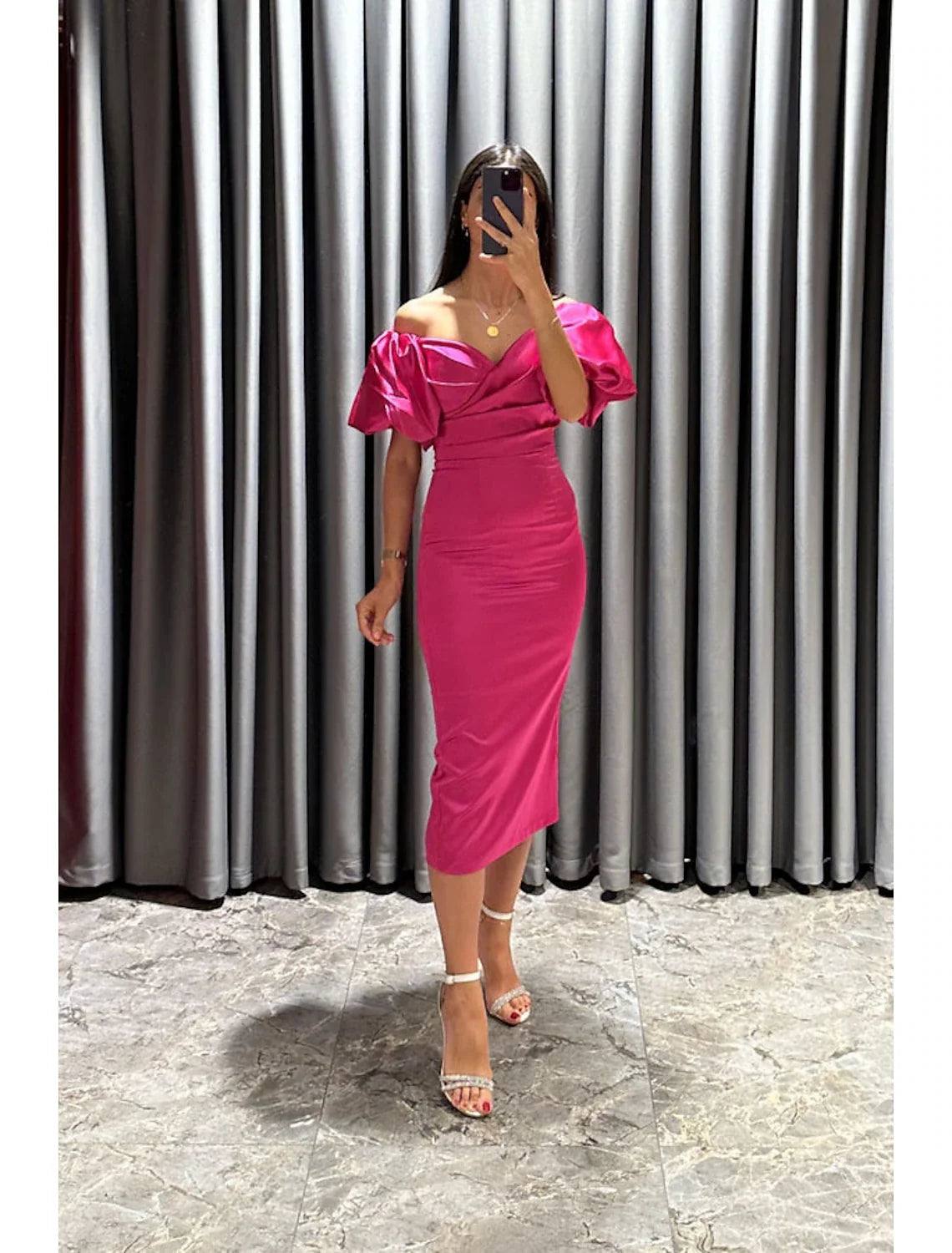 Sheath Off-Shoulder Satin Short Sleeve High Slit Mini Cocktail Dress - Chloe Dress