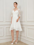 White A-Line V-Neck Chiffon Applique Knee-Length Wedding Gown - Chloe Dress
