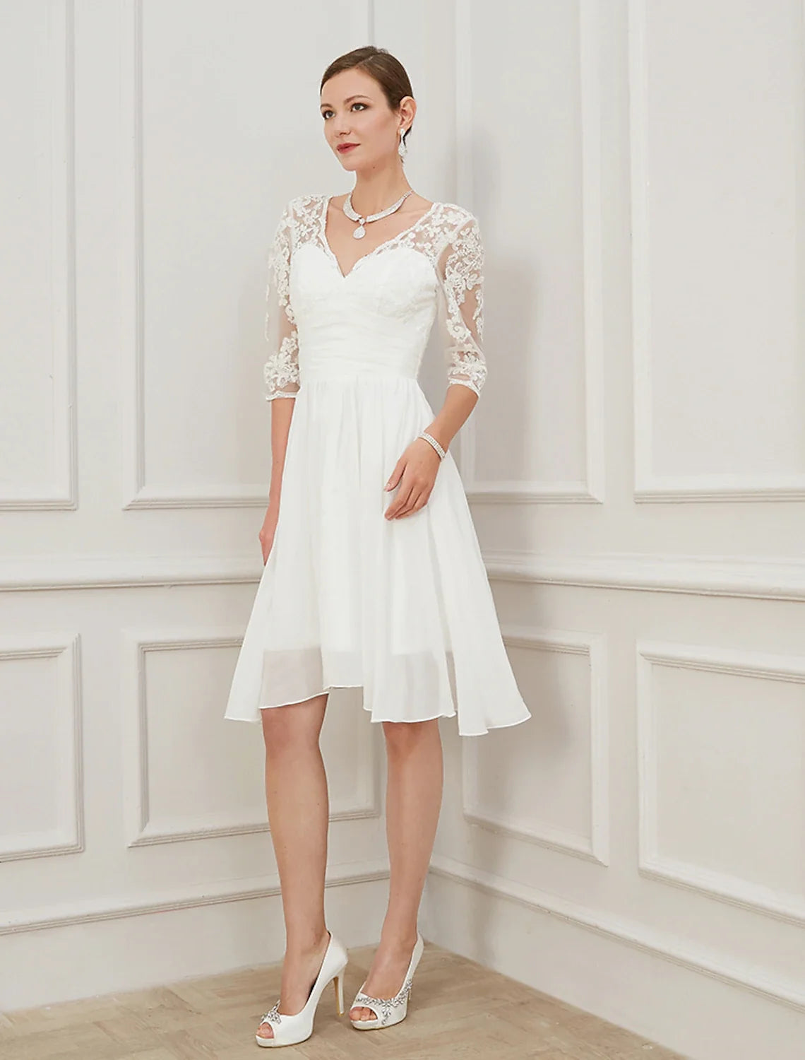 White A-Line V-Neck Chiffon Applique Knee-Length Wedding Gown - Chloe Dress