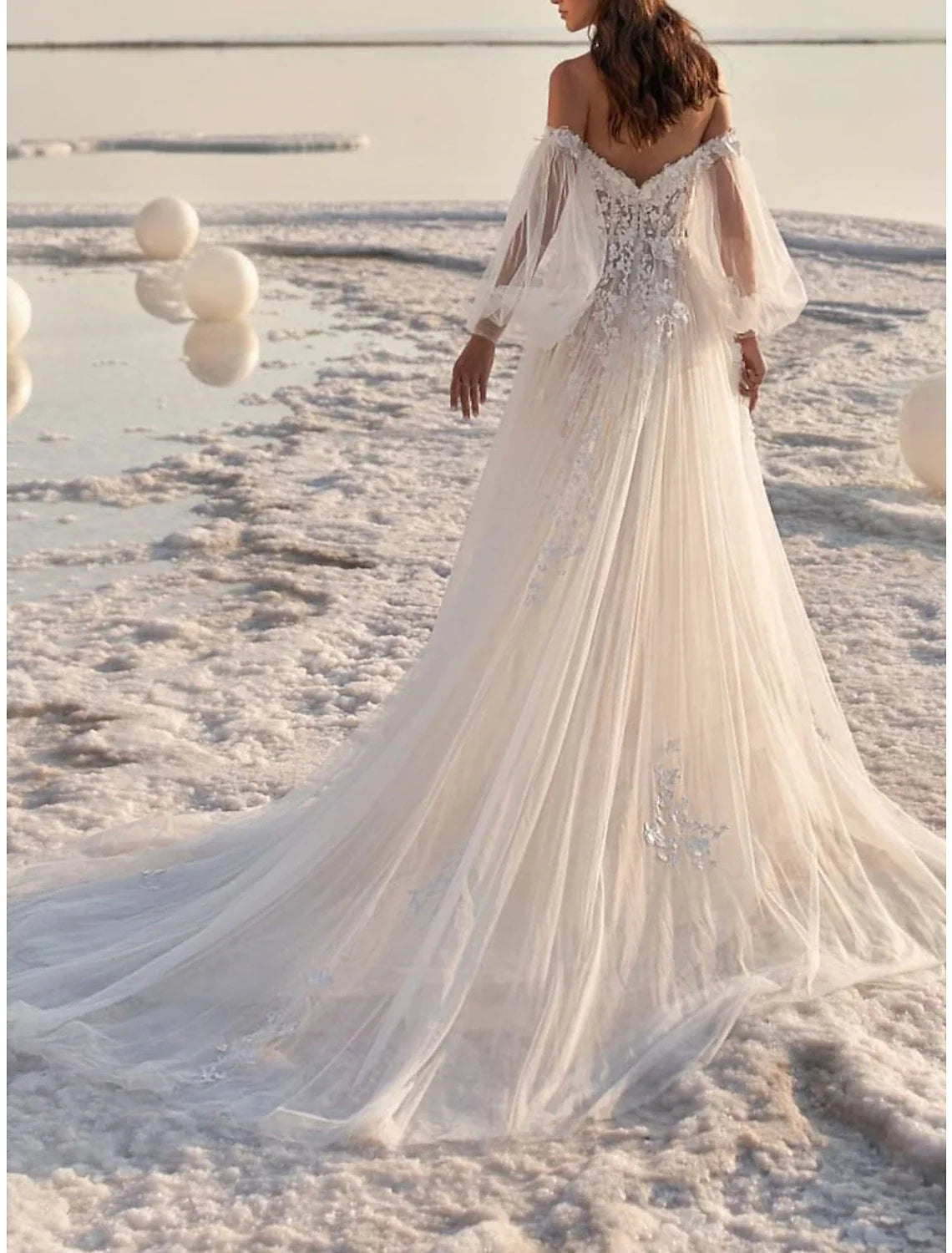A-Line Off-Shoulder Lace Long Sleeve Train Wedding Gown - Chloe Dress