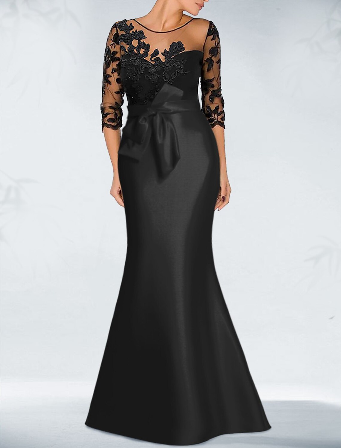 Black Mermaid Satin Three-Quarter Sleeve Applique Floor-Length Evening Gown - Chloe Dress