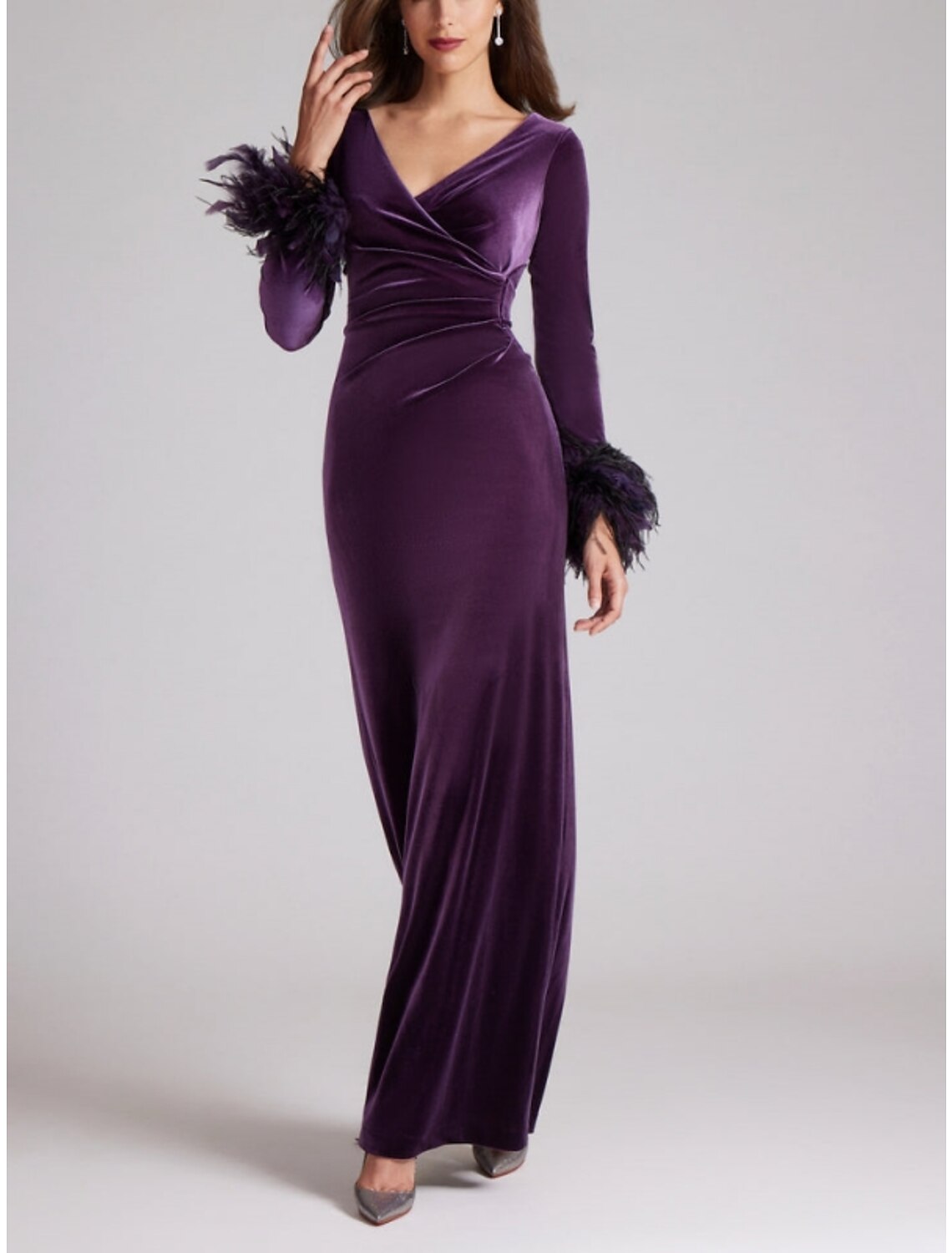 Sheath V-Neck Velvet Long Sleeve High Slit Ankle-Length Evening Gown - Chloe Dress
