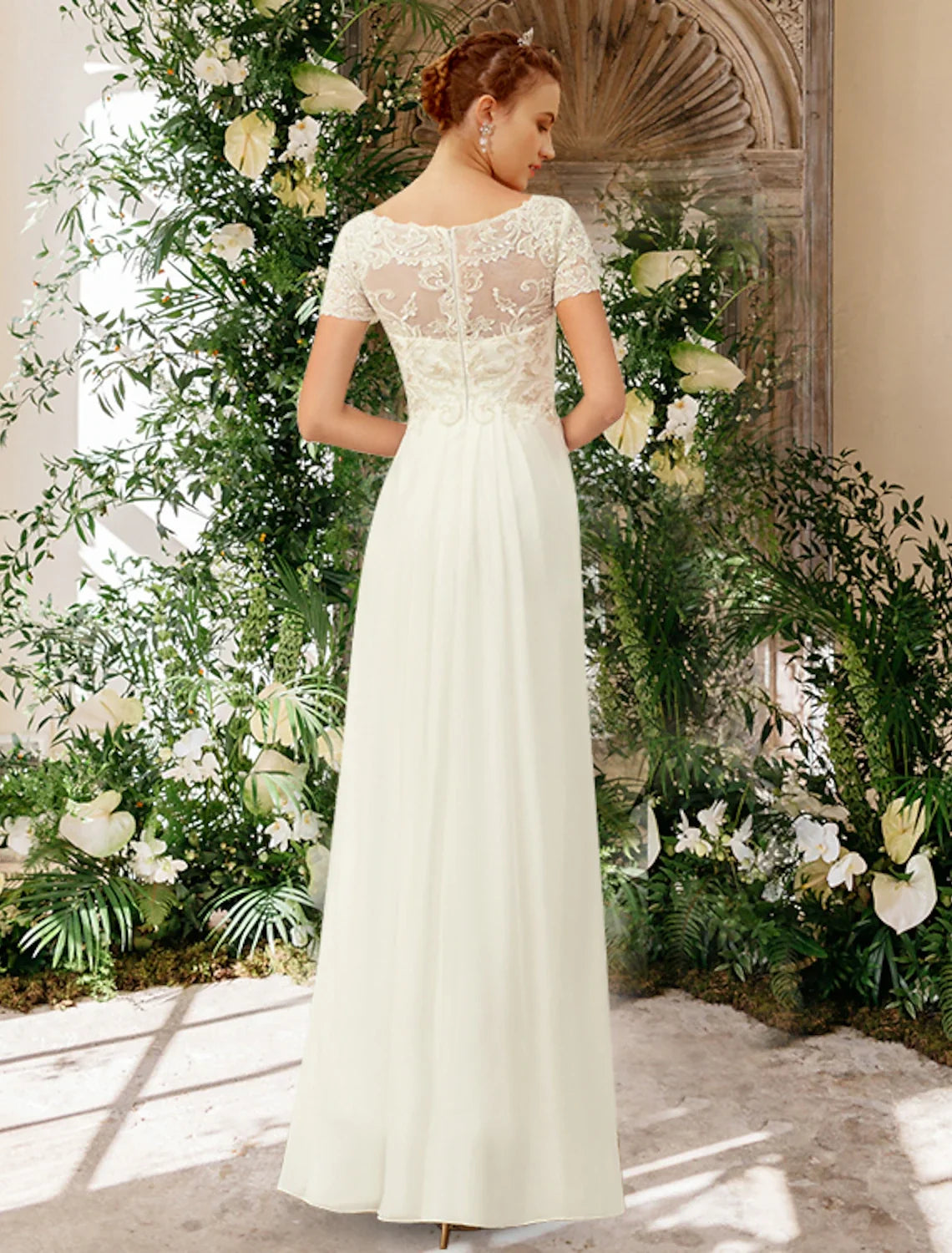 A-Line V-Neck Chiffon Short Sleeve Pleated Floor-Length Wedding Gown - Chloe Dress