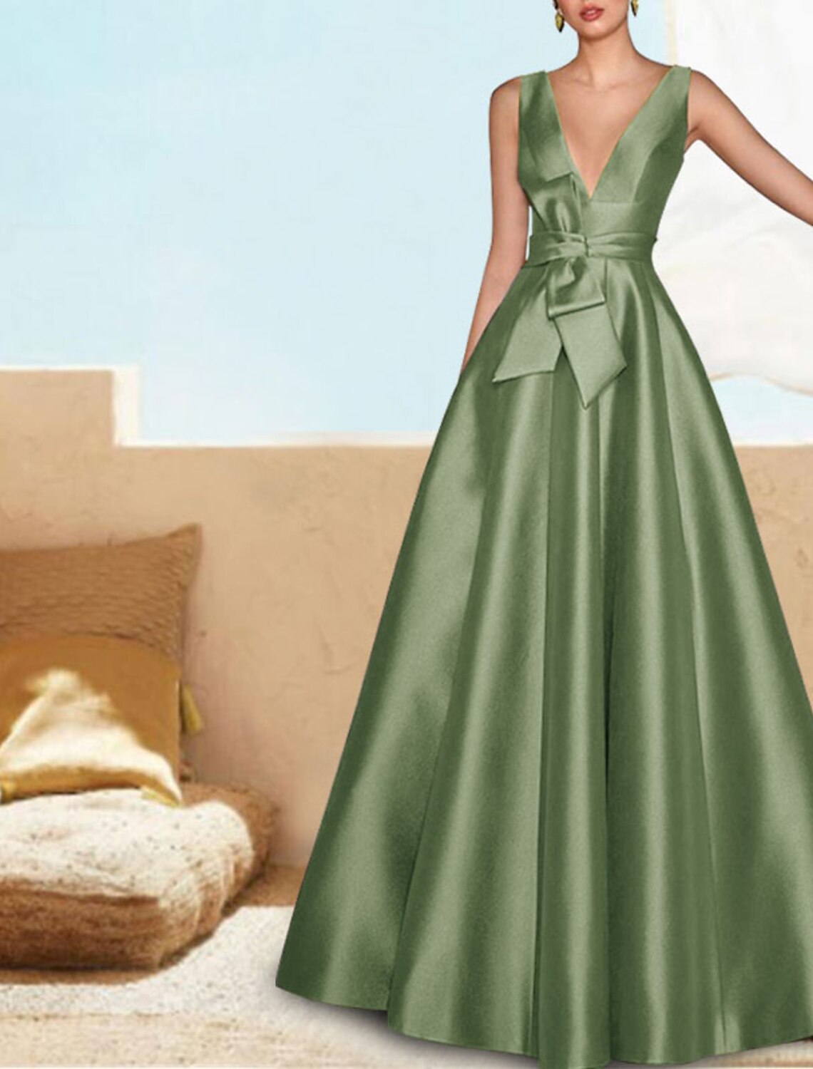 A-Line V-Neck Satin Sleeveless Pleated Floor-Length Evening Gown - Chloe Dress