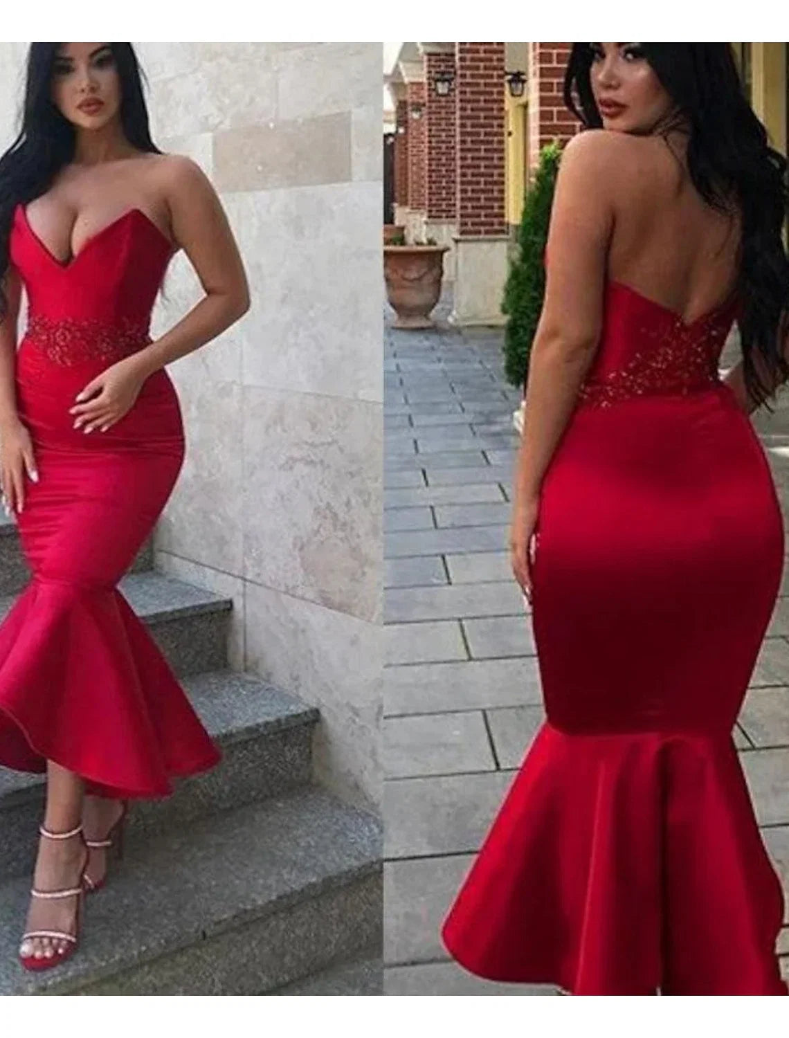 Mermaid V-Neck Satin Sleeveless Backless Applique Ankle-Length Cocktail Dress - Chloe Dress