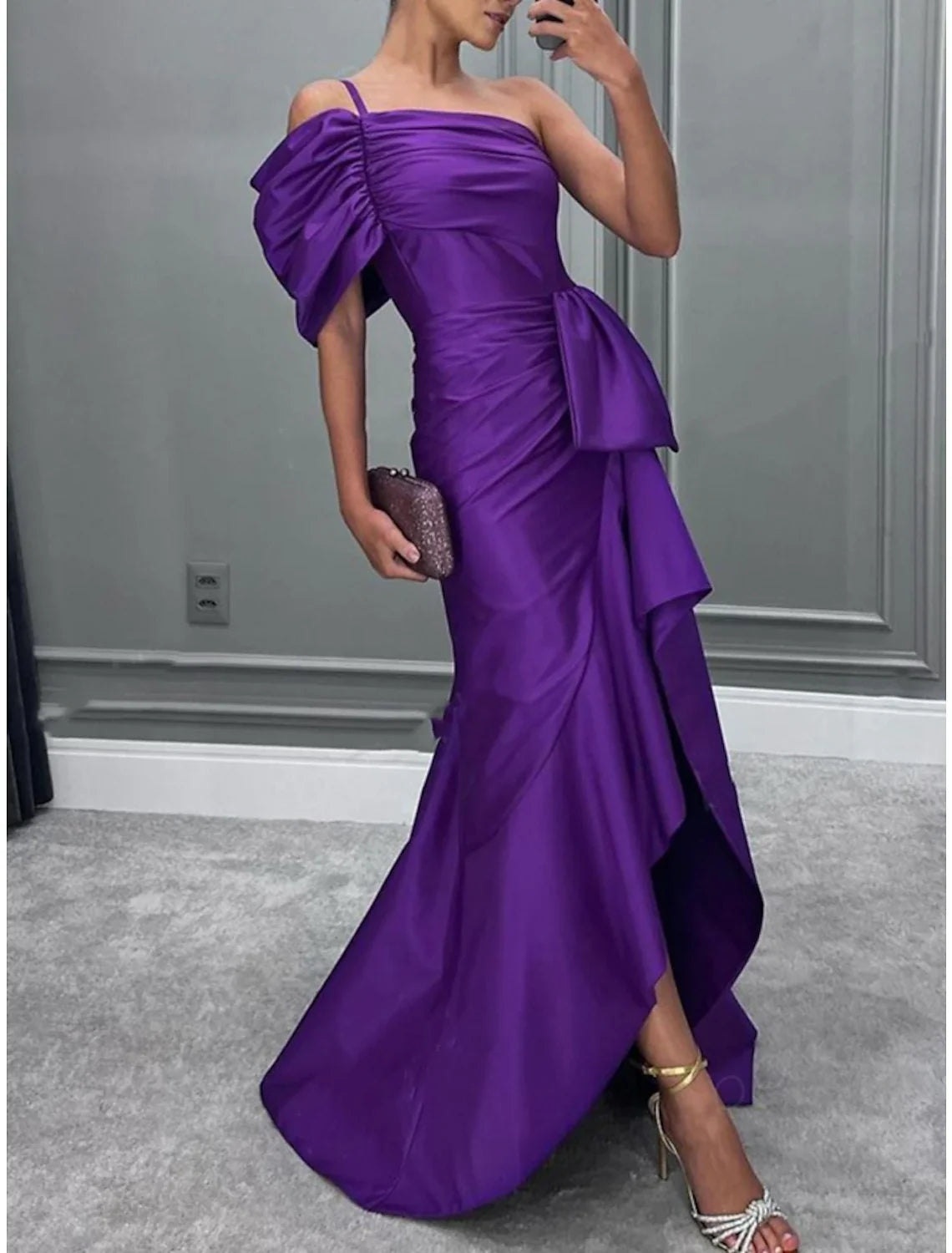 Green Mermaid One-Shoulder Satin Short Sleeve Ruffled Mini Evening Gown - Chloe Dress