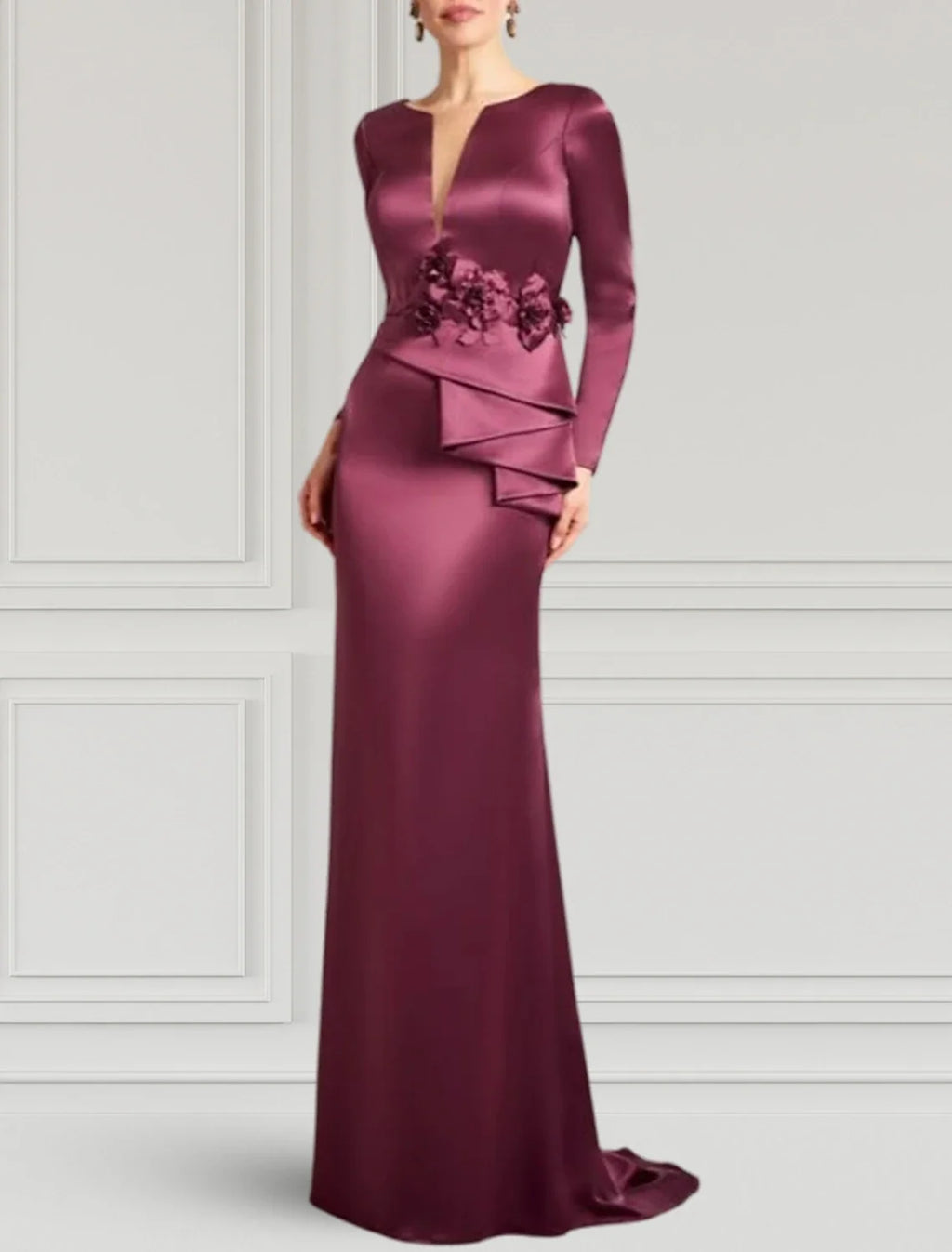 Sheath V-Neck Satin Long Sleeve Train Evening Gown - Chloe Dress