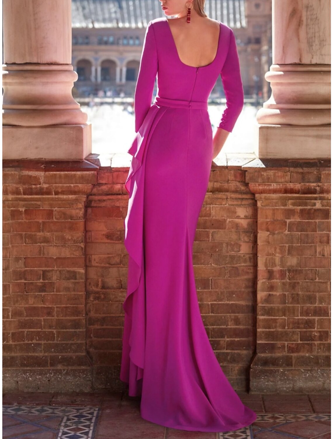A-Line V-Neck Chiffon Three-Quarter Sleeve High Slit Evening Gown - Chloe Dress