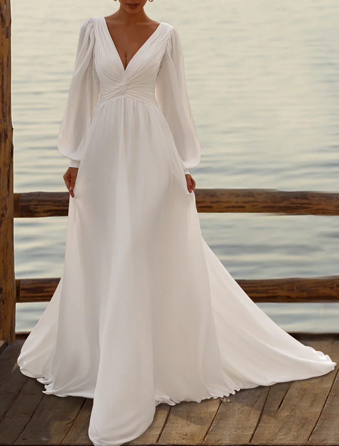 A-Line Chiffon Sleeveless Pleated Tea-Length Wedding Gown - Chloe Dress
