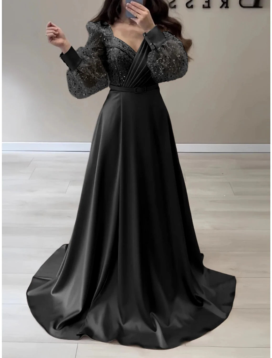 Black A-Line V-Neck Satin Long Sleeve Pleated Evening Gown - Chloe Dress