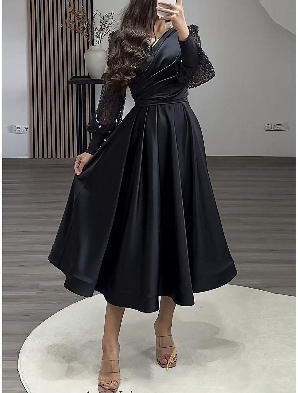 A-Line V-Neck Satin Long Sleeve Pleated Tea-Length Evening Gown - Chloe Dress