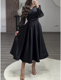A-Line V-Neck Satin Long Sleeve Pleated Tea-Length Evening Gown - Chloe Dress