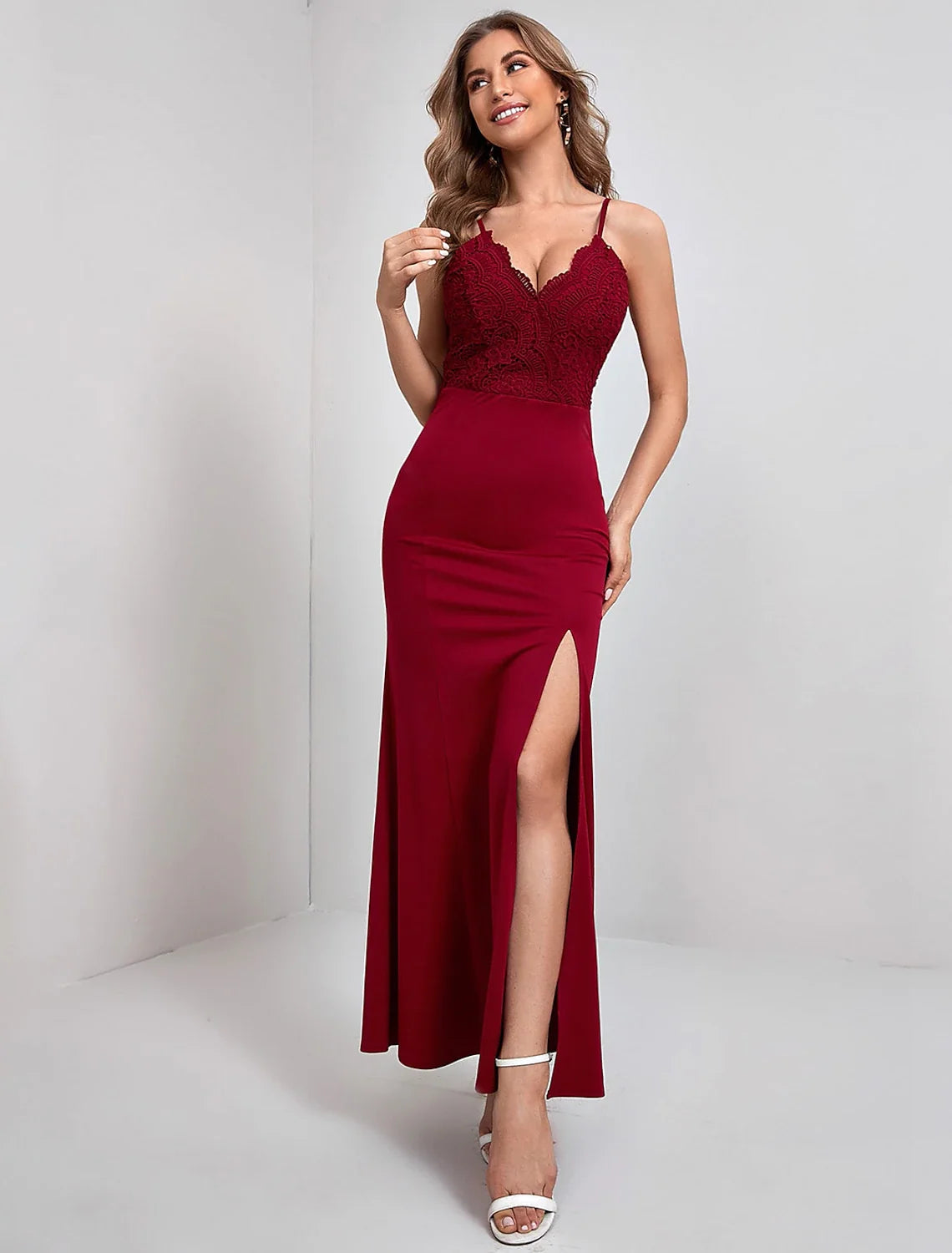 Sheath Spaghetti Strap Lace Sleeveless High Slit Ankle-Length Evening Gown - Chloe Dress