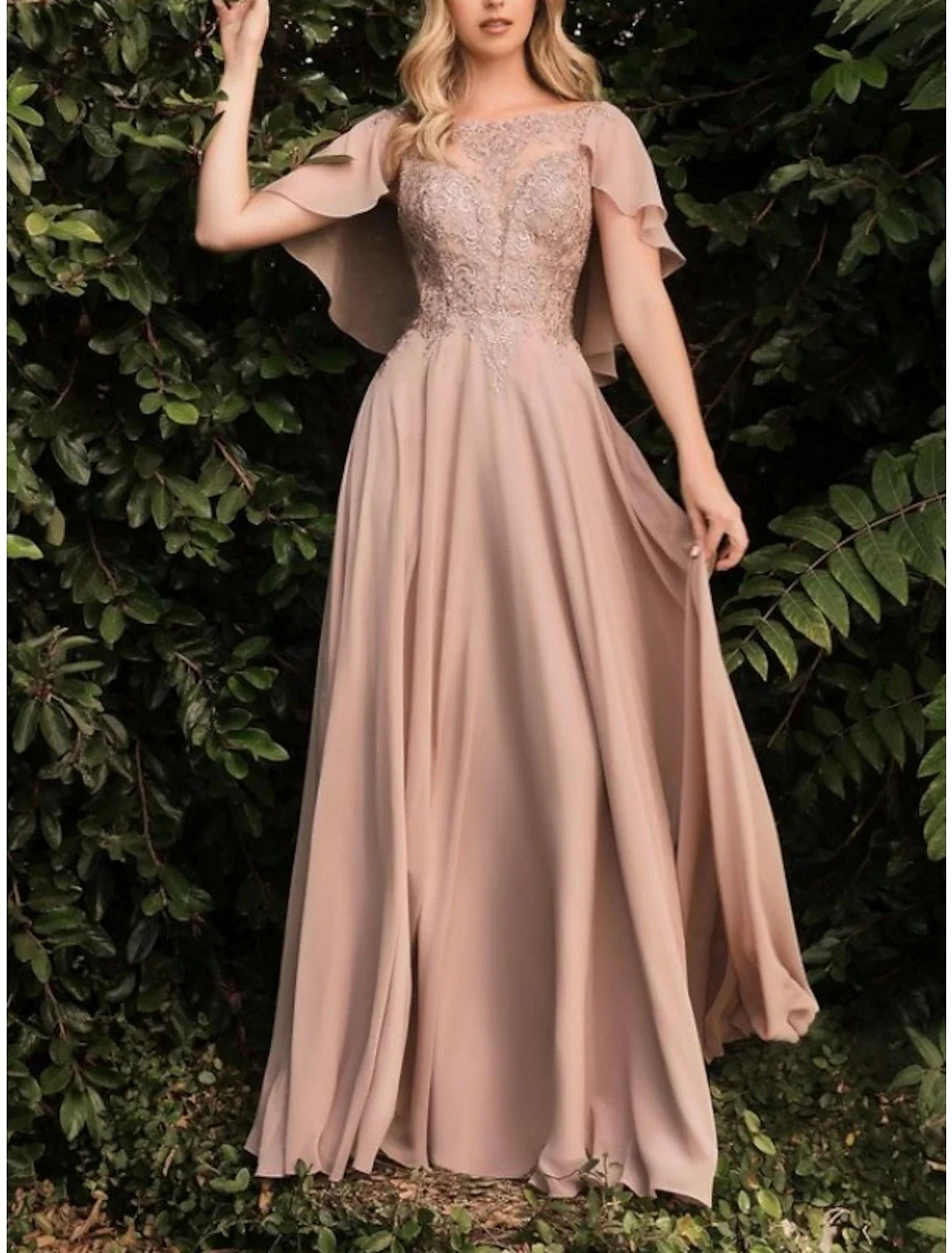 Sheath Chiffon Short Sleeve Ruffled Floor-Length Wedding Dress - Chloe Dress