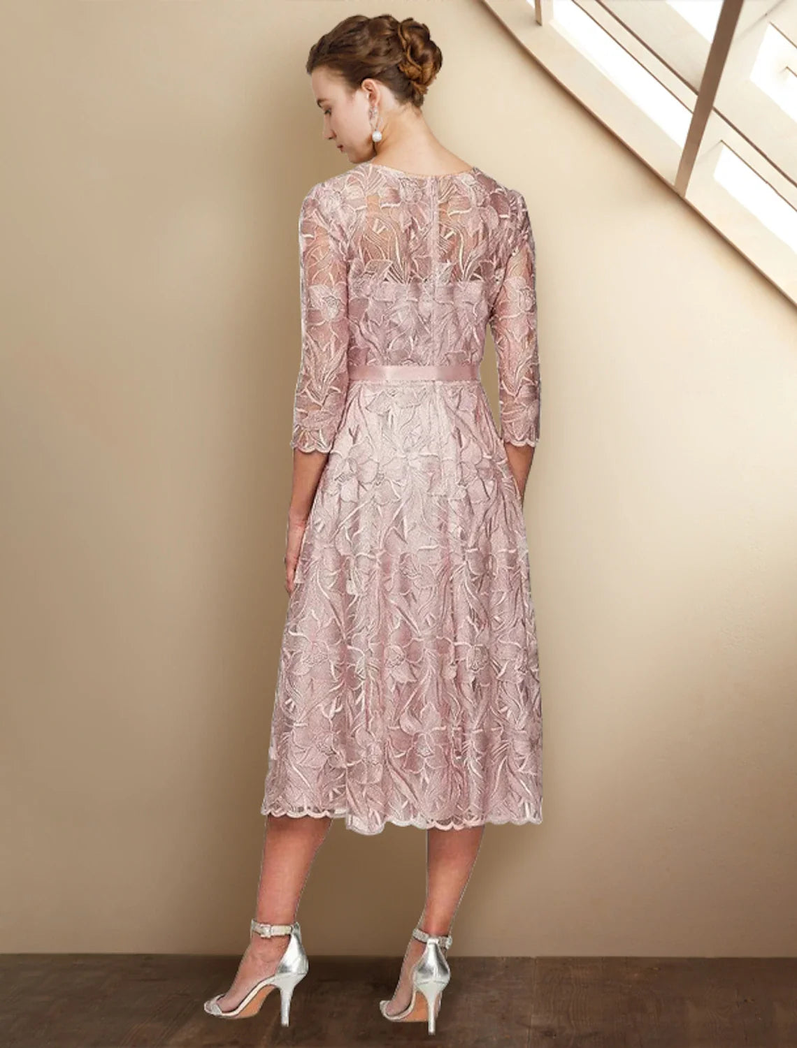 A-Line Lace Three-Quarter Sleeve Applique Tea-Length Dress - Chloe Dress