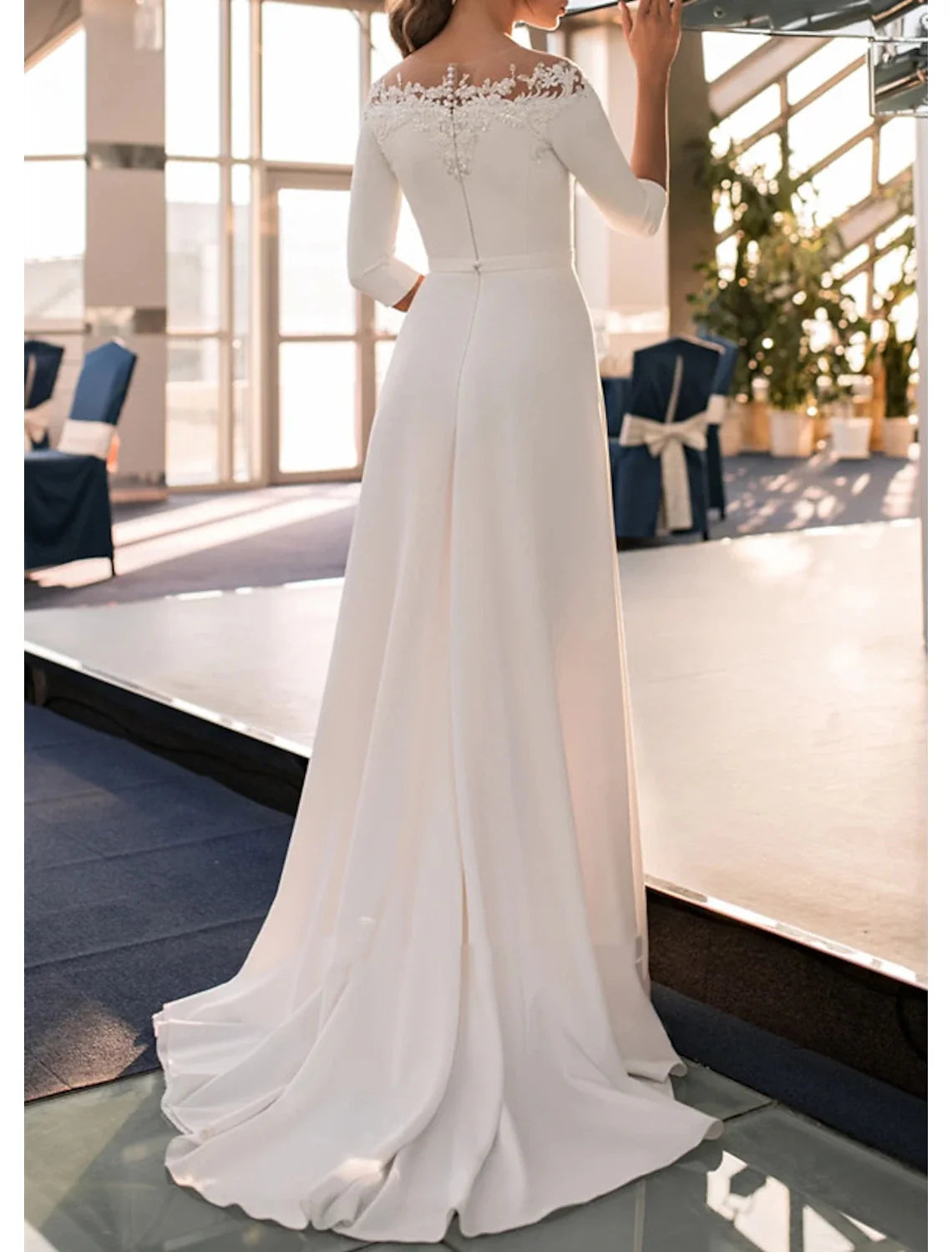 A-Line Off-Shoulder Lace Three-Quarter Sleeve Train Wedding Gown - Chloe Dress