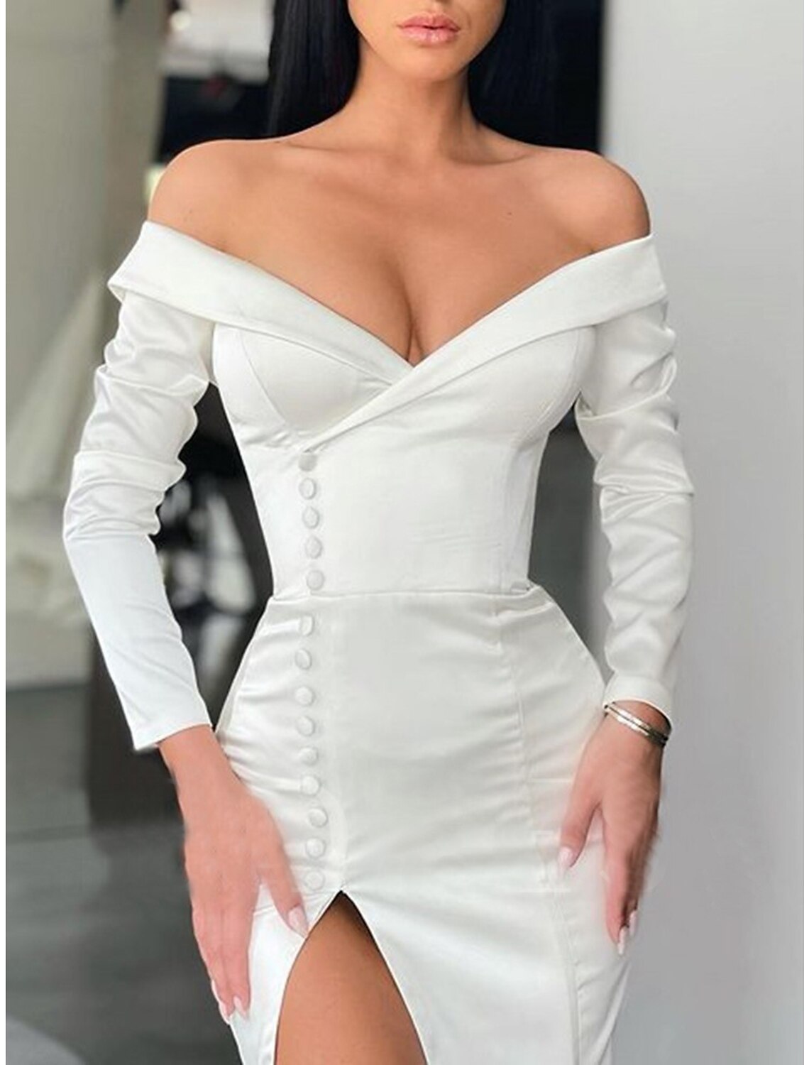 Mermaid Off-Shoulder Long Sleeve Button Back High Slit Evening Dress - Chloe Dress