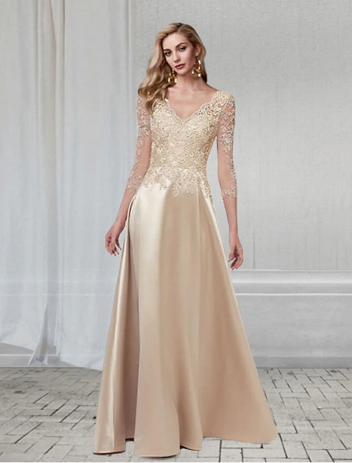 A-Line V-Neck Chiffon Three-Quarter Sleeve Applique Floor-Length Evening Dress - Chloe Dress