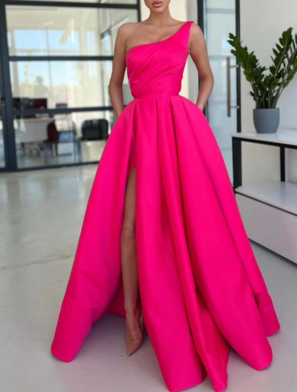 A-Line One-Shoulder Satin Sleeveless High Slit Prom Dress - Chloe Dress