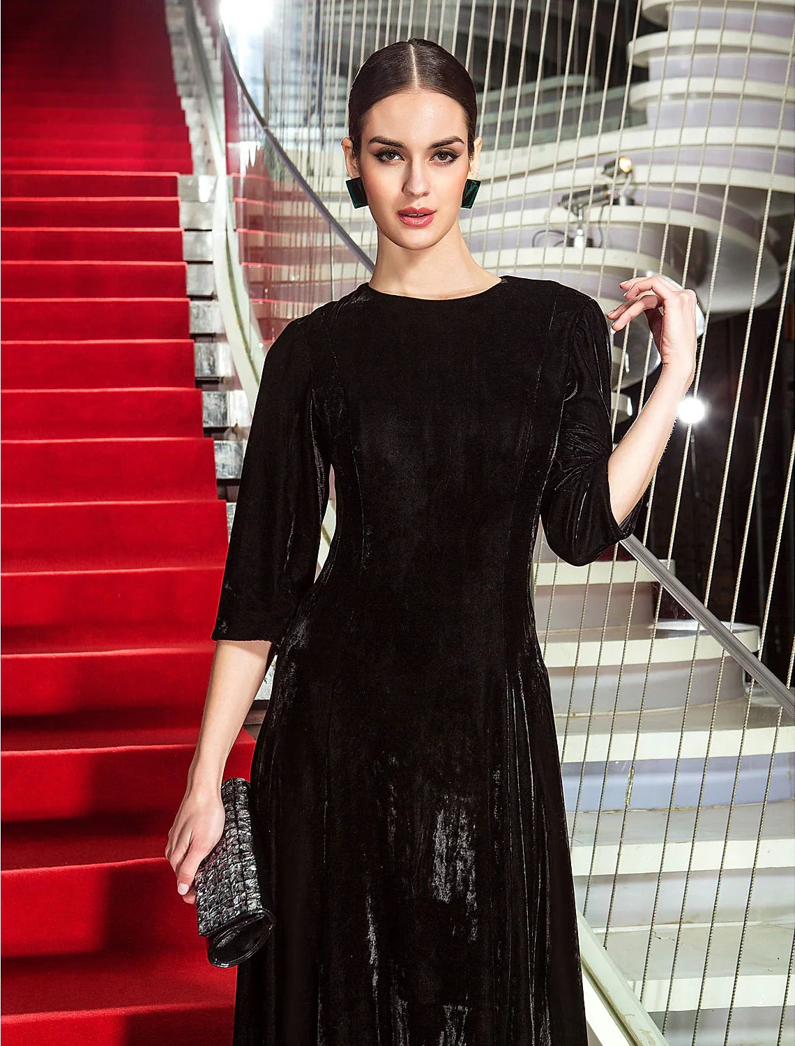Black A-Line Three-Quarter Sleeve Pleated Floor-Length Evening Dress - Chloe Dress