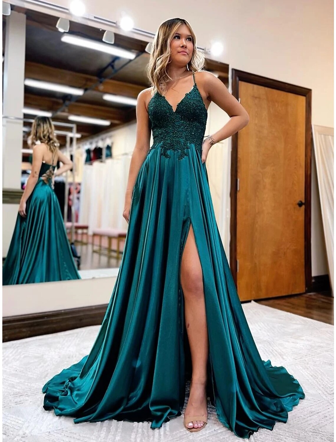A-Line V-Neck Satin Sleeveless Backless Train Prom Dress - Chloe Dress