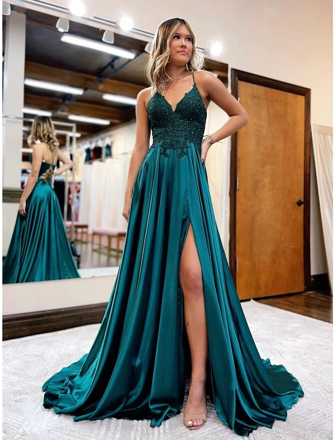 A-Line V-Neck Satin Sleeveless Backless Train Prom Dress - Chloe Dress