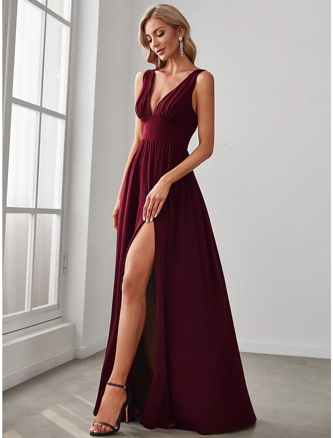 A-Line V-Neck Chiffon Sleeveless High Slit Floor-Length Evening Dress - Chloe Dress