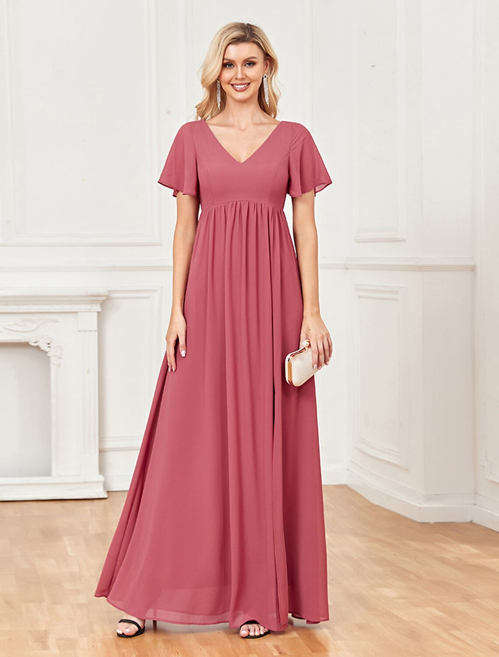 A-Line V-Neck Chiffon Short Sleeve High Slit Floor-Length Evening Gown - Chloe Dress