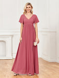 A-Line V-Neck Chiffon Short Sleeve High Slit Floor-Length Evening Gown - Chloe Dress