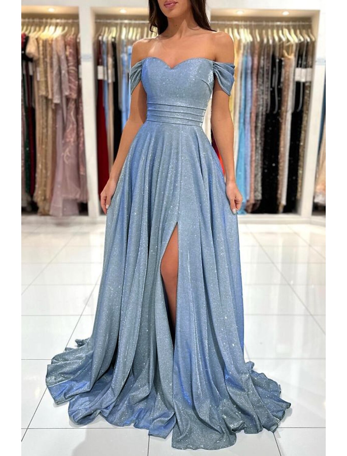 A-Line Off-Shoulder Sequin Sleeveless High Slit Evening Gown - Chloe Dress