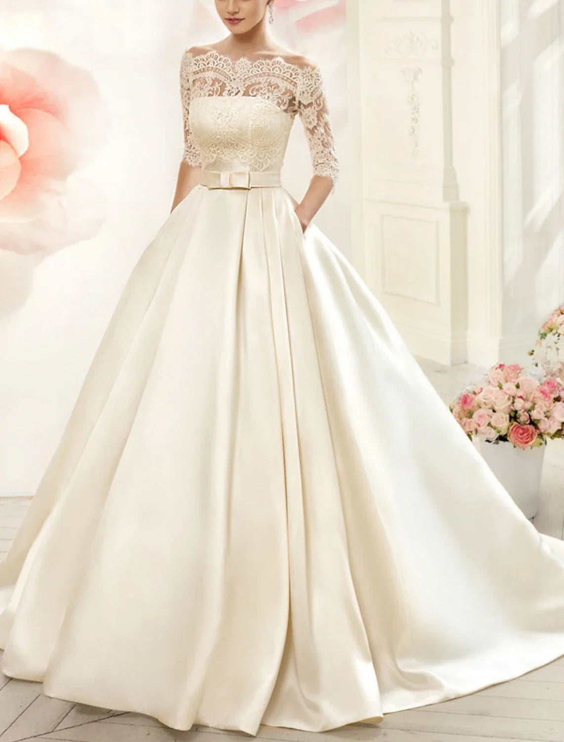 Ball Gown Off-Shoulder Satin Pleated Wedding Gown - Chloe Dress