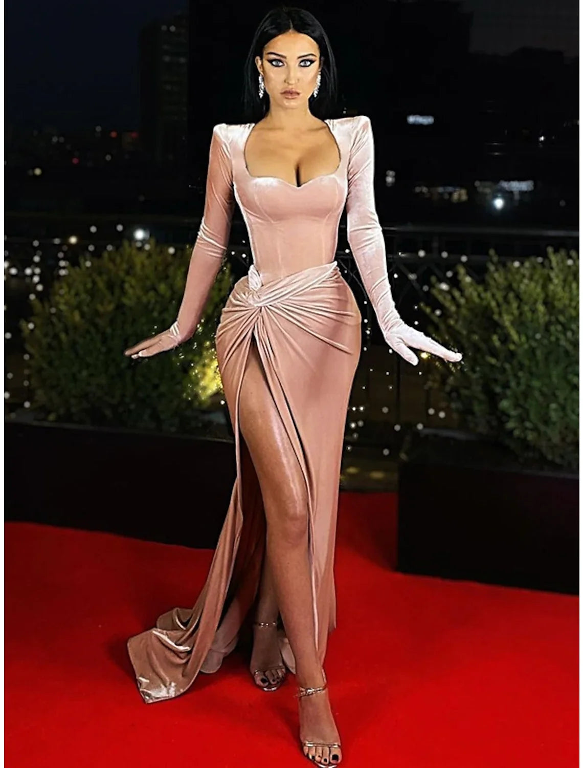 A-Line Sweetheart Velvet Long Sleeve High Slit Evening Gown - Chloe Dress